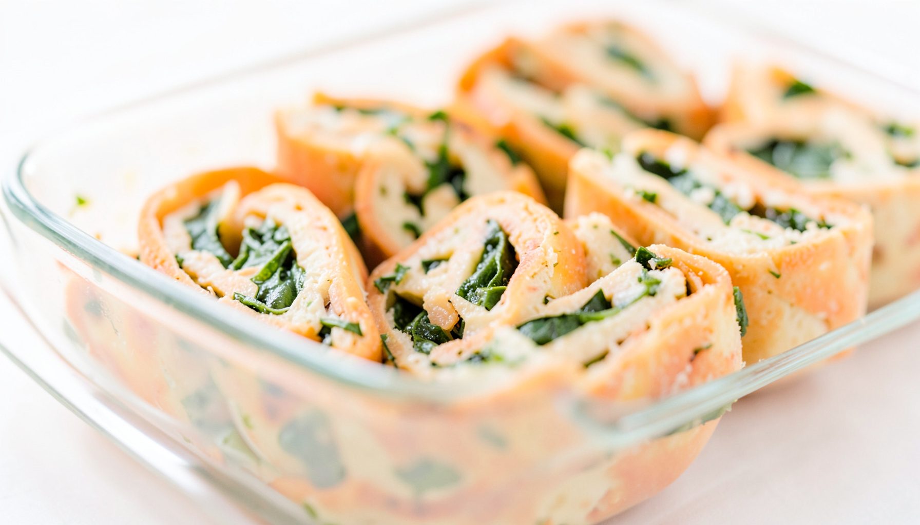 Close-up of sliced pinwheel appetizers with a green leafy filling arranged in a glass baking dish