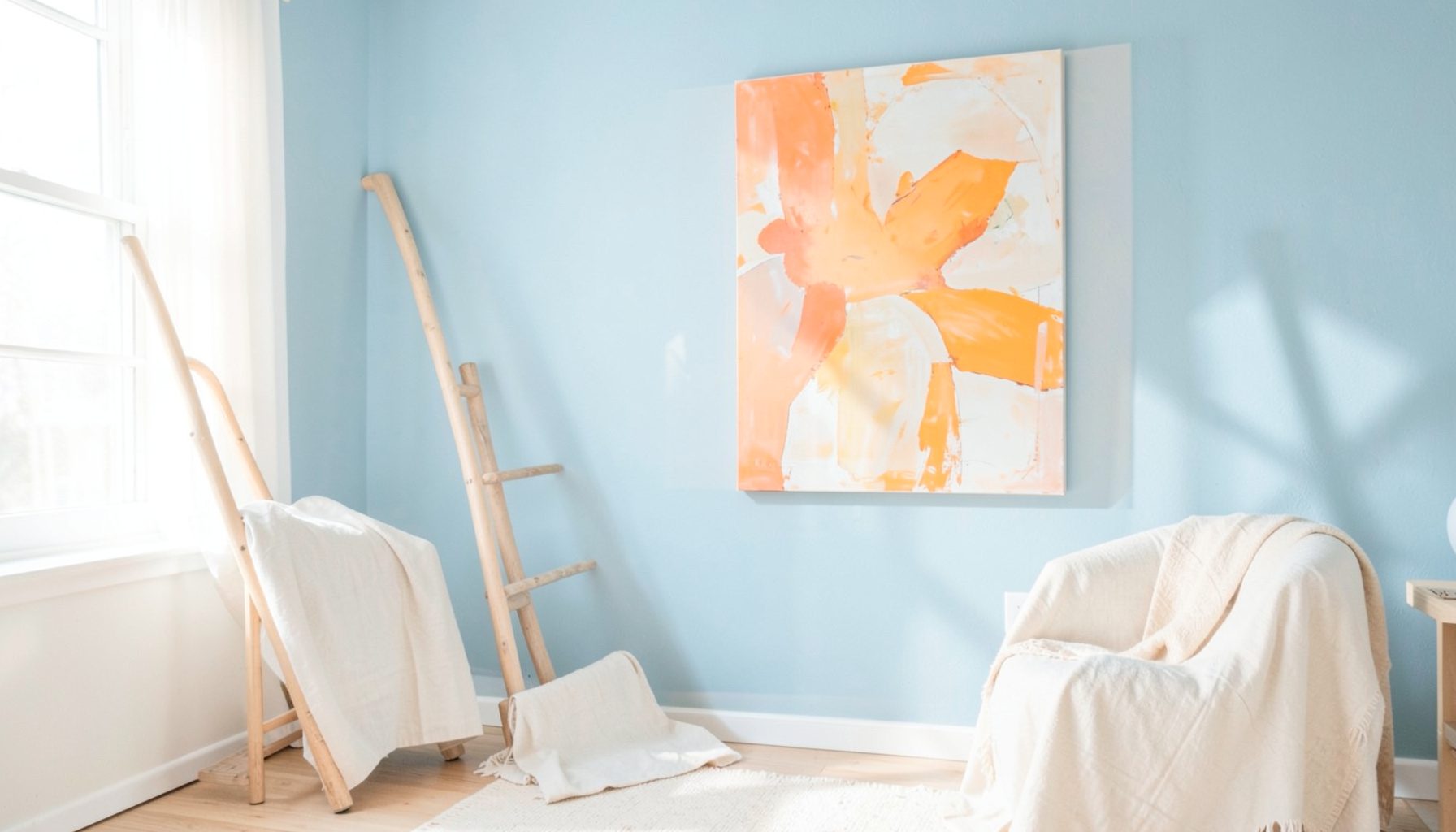 A sunny room with a large abstract painting on a blue wall, a ladder, and furniture softly covered in light fabric