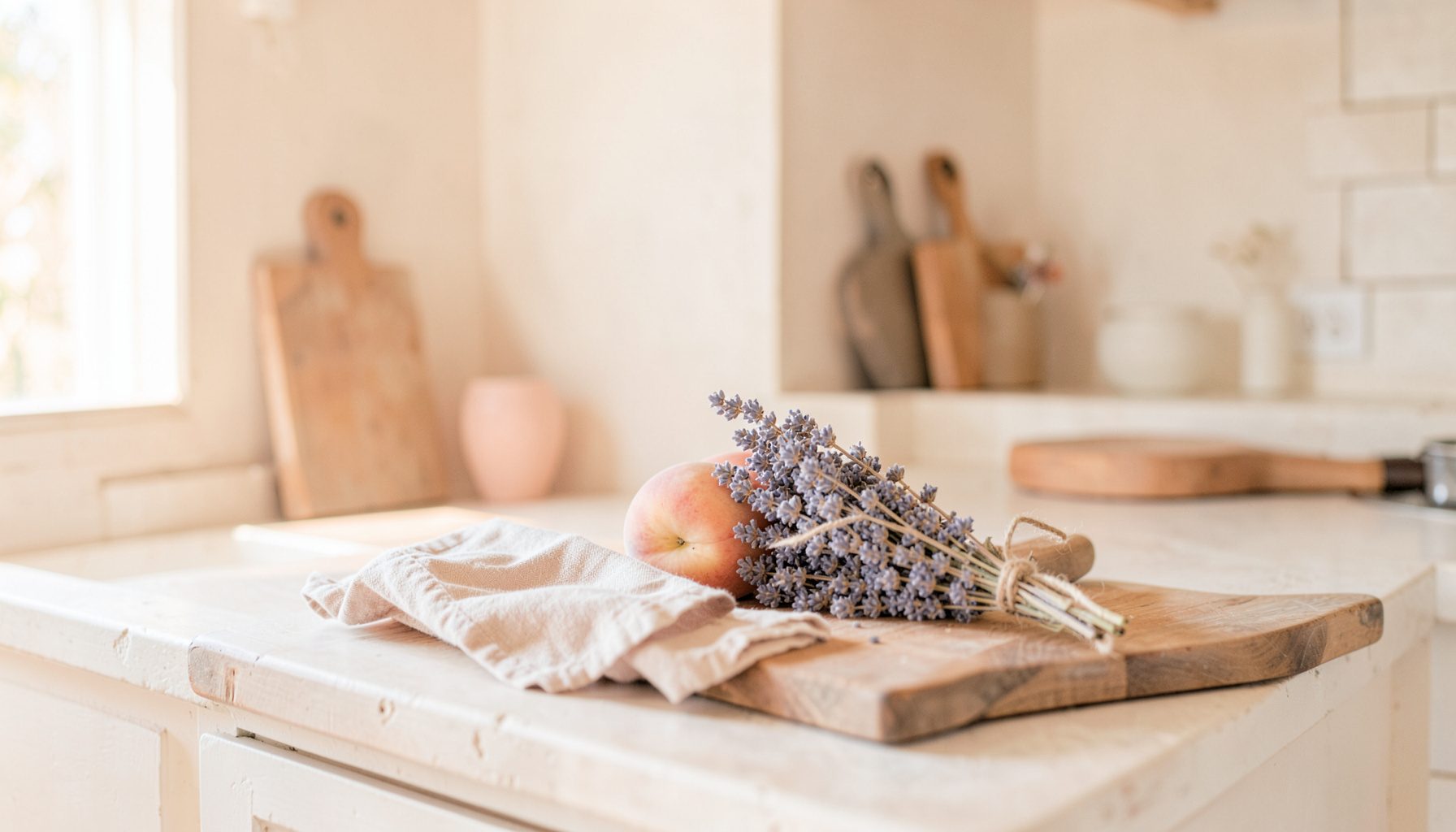 A wide sunlit view of a rustic Provençal kitchen counter with wooden cutting boards, a linen towel, and pale pink stone fruit, bathed in warm golden light