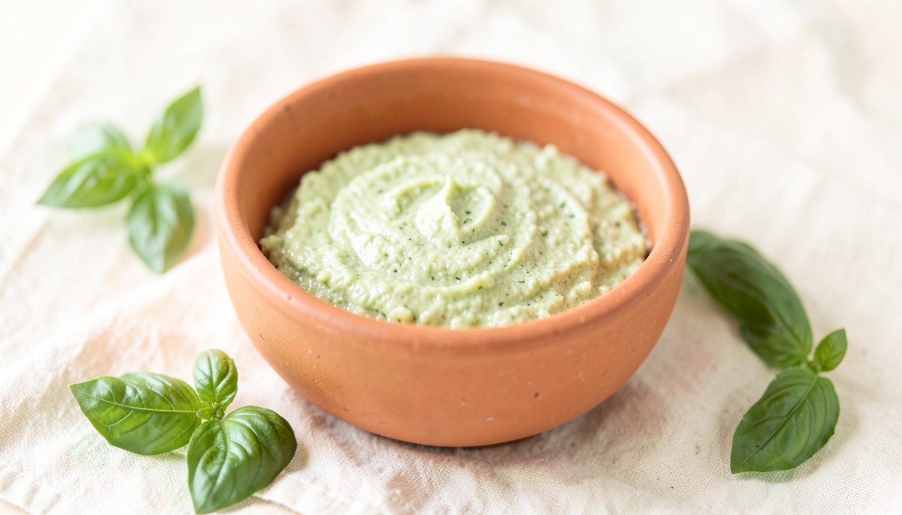 Close-up of a terracotta bowl filled with pale green pistou sauce surrounded by fresh basil leaves on a cream linen cloth